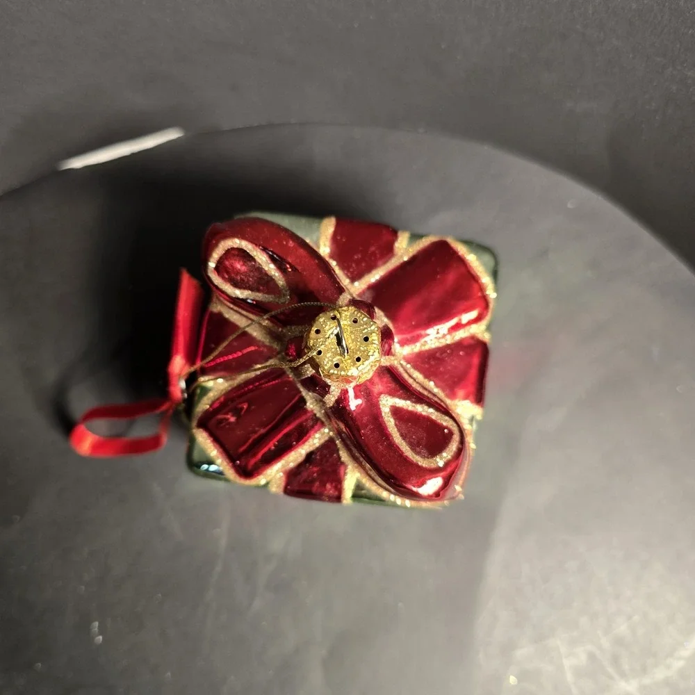 Glass Present Gift Box Christmas Ornament Red Green Glitter Holiday‎ Decor